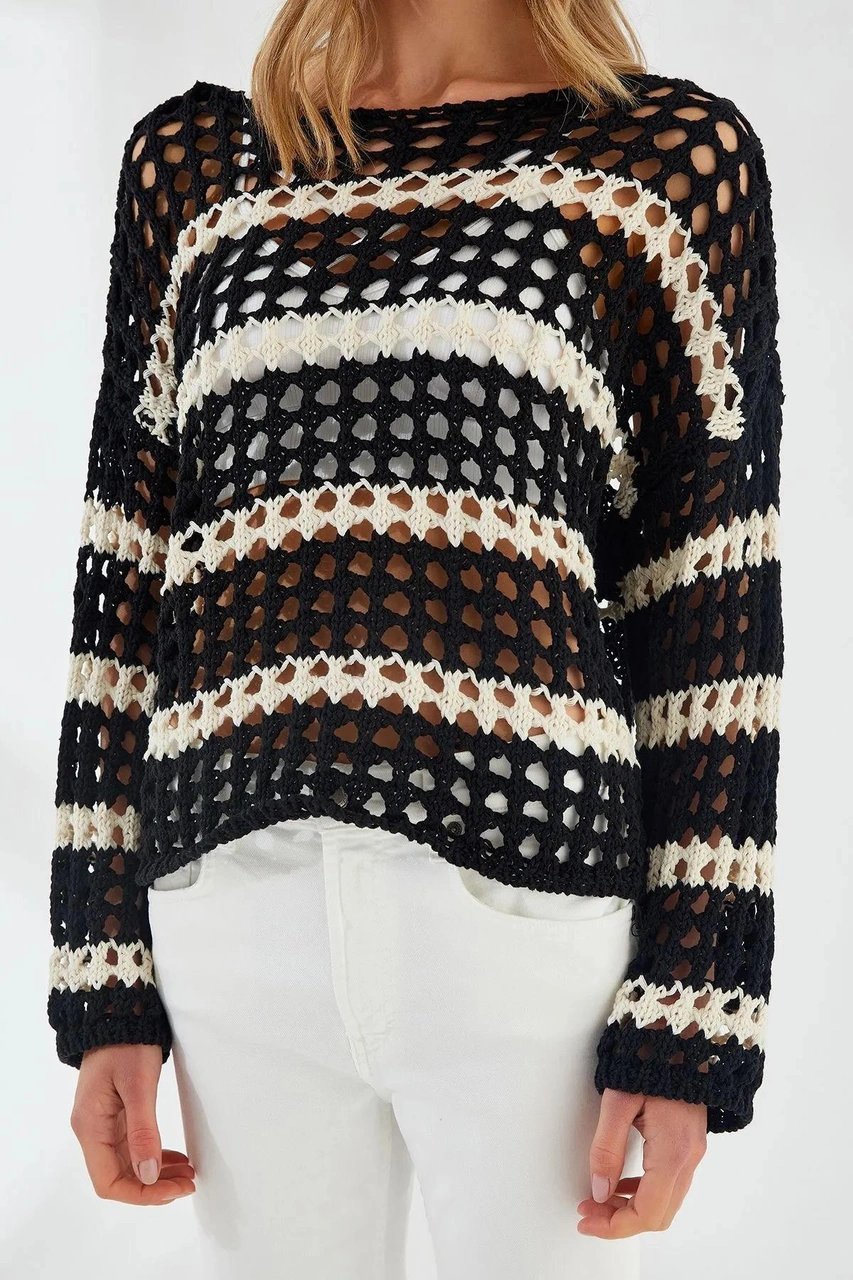 6877 Kadın Çizgili Ajurlu Kayık Yaka Triko Kazak Siyah Siyah