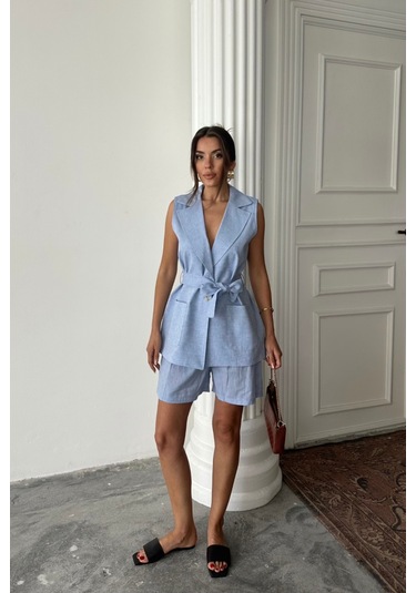 Sensuelle Keten Yelek - Şort Takım - Mavi Mavi