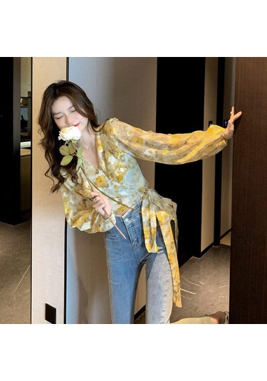 Sarı Çiçek Şifon Bluz Kadın Bahar Elbise Fransız Dantel Up Kısa Fırfır Yumuşak Rüzgar Süper Peri Üst M Sarı
