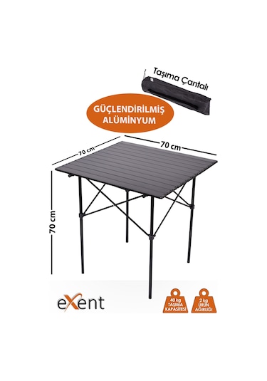 Exent Taşıma Çantalı Çok Hafif Tamamı Alüminyum Kamp, Piknik, Plaj, Bahçe, Balkon Masası - 70x70x70 Siyah