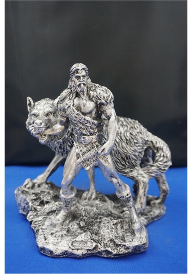 Tyr Savaş Tanrısı Heykeli - Kurtlu Try Biblo - 26 Cm Mitolojik Obje Hediyelik Dekor Gümüş