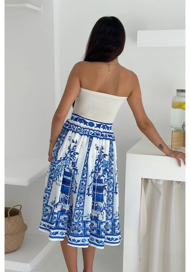 İthal Krep Kumaş Desenli Etek Mavi Mavi