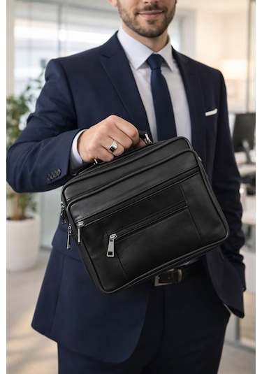 Newish Polo Hakiki Deri Postacı El Çantası Yan Kasasız Model - Büyük Siyah