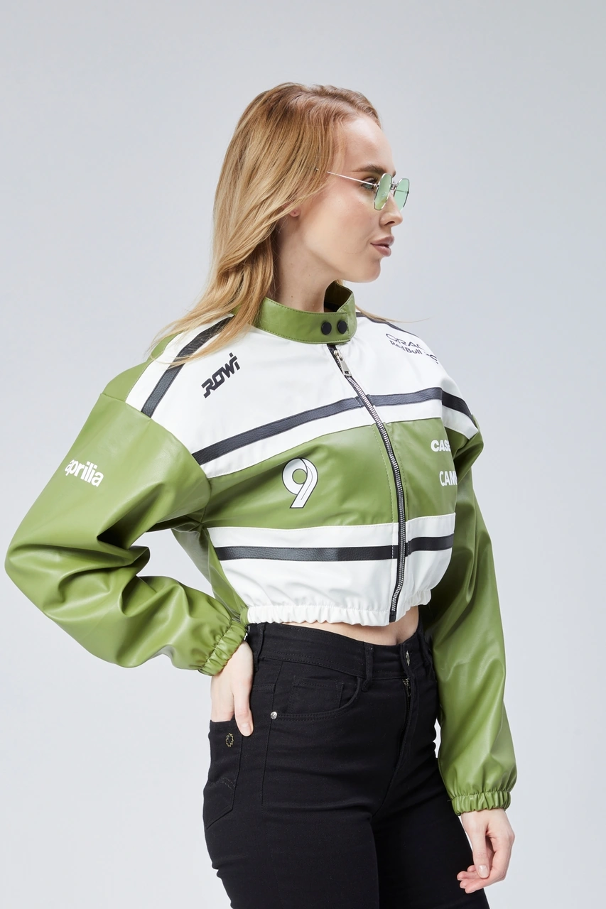 Kadın Deri Baskılı Şeritli Ceket Beli Ve Kolu Lastikli Kolej Hakim Yaka Bomber Yarışçı Motorcu Mont Yeşil