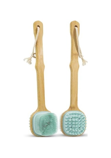 Banyo Fırçası Ahşap Uzun Saplı Çift Taraflı Yumuşak Silikon Kıllar Asılı Kordon Çok Fonksiyonlu Vücut Geri Temizleme Masajlı Duş Scrubber