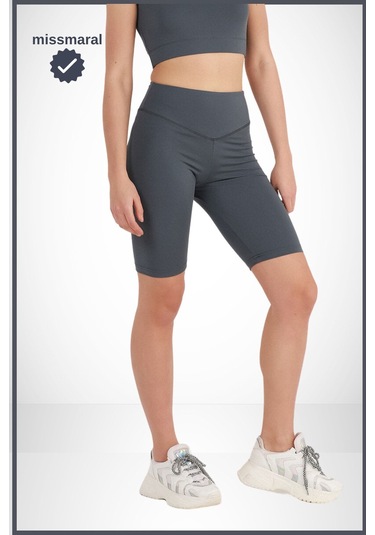 Kadın Yüksek Bel Toparlayıcı Tayt Kısa Spor Şort Deniz Havuz Spor Biker Shorts Antrasit 1070 Antrasit