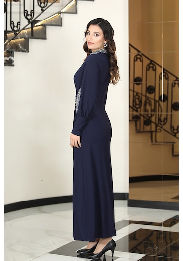 Taş Detaylı Lavinni Tesettür Abiye Elbise Lacivert