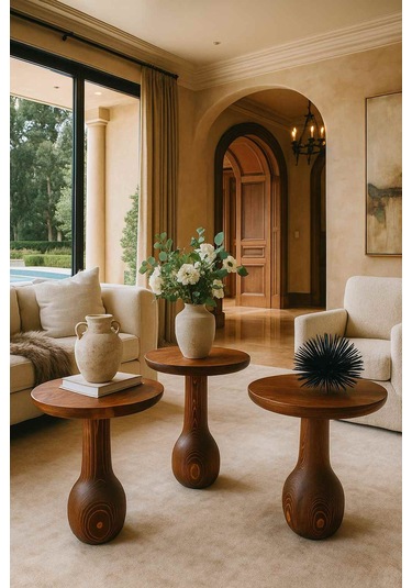 Meşe Renk Ahşap Mantar Sehpa Seti 3 Lü Doğal Zigon Fiskos Takımı Meşe