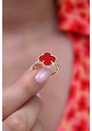 14k Altın Kaplamalı 925 Ayar Gümüş Granada Saray Yoncası Yüzük - Kırmızı 34025201 Altın