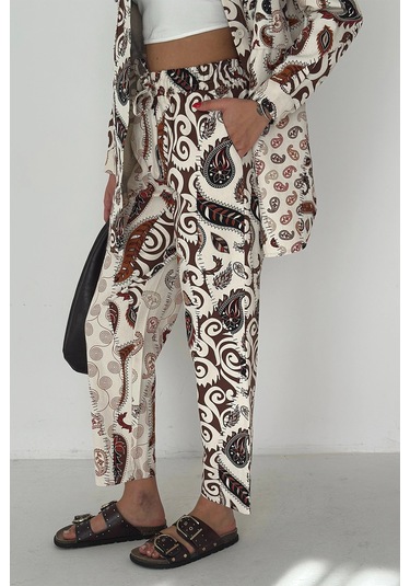 Etnik Desen Baskılı Keten Takım Kahverengi