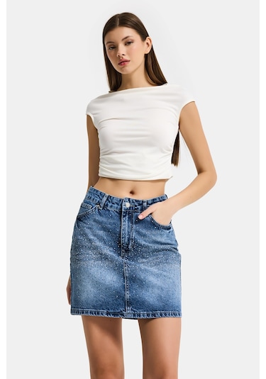 Itsbasic Kadın Mavi T2-4s6-4 Straight Fit Parlak Taşlı Özel Tasarım Mini Denim Etek