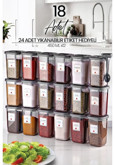 KitchenLife Azure Etiketli Kendinden Kaşıklı Baharatlık Seti 18'li Antrasit - Şeffaf