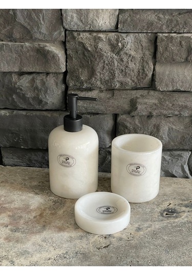 Beyaz Mermer Sıvı Sabunluk, Diş Fırçalığı. Katı Sabunluk 3'lü Set. Siyah Aksesuarlı Beyaz