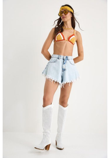 Shade Kadın Püsküllü Yüksek Bel Denim Şort 8026 60283268 - Buz Mavisi