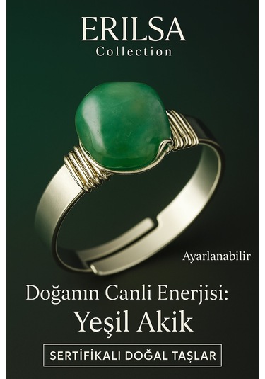 Sertifikalı Doğal Yeşil Akik Taşı Yüzük Kalın Tımbıl Kasa Gümüş Renk Ayarlanabilir Yeşil