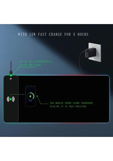 Pazly 15w Kablosuz Şarj 3.0 Rgb Karanlık Gece Fare Pedi 80x30cm Telefon Şarj Cihazı Oyun Masaüstü Bilgisayar Laptop Tablet