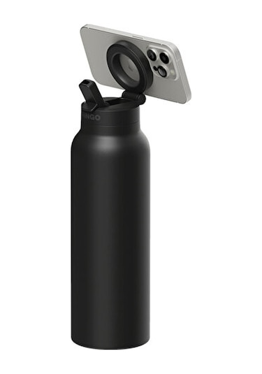 Ringo Pro Manyetik Telefon Tutuculu Termal Paslanmaz Çelik Su Şişesi Pipetli Kapak 24 Oz / 710 Ml Siyah
