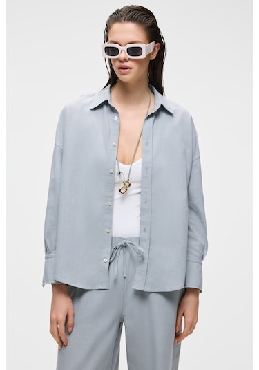VESTA Kadın %100 Pamuk Keten Görünümlü Flamlı Oversize Gri Gömlek