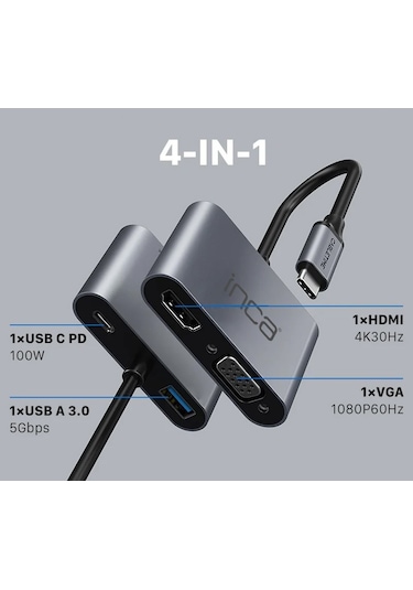 Inca Itpc-06t Type-c Hub X4 Hdmı 4k 30 Hz+ Vga+ Usb 3.0+pd 100w A