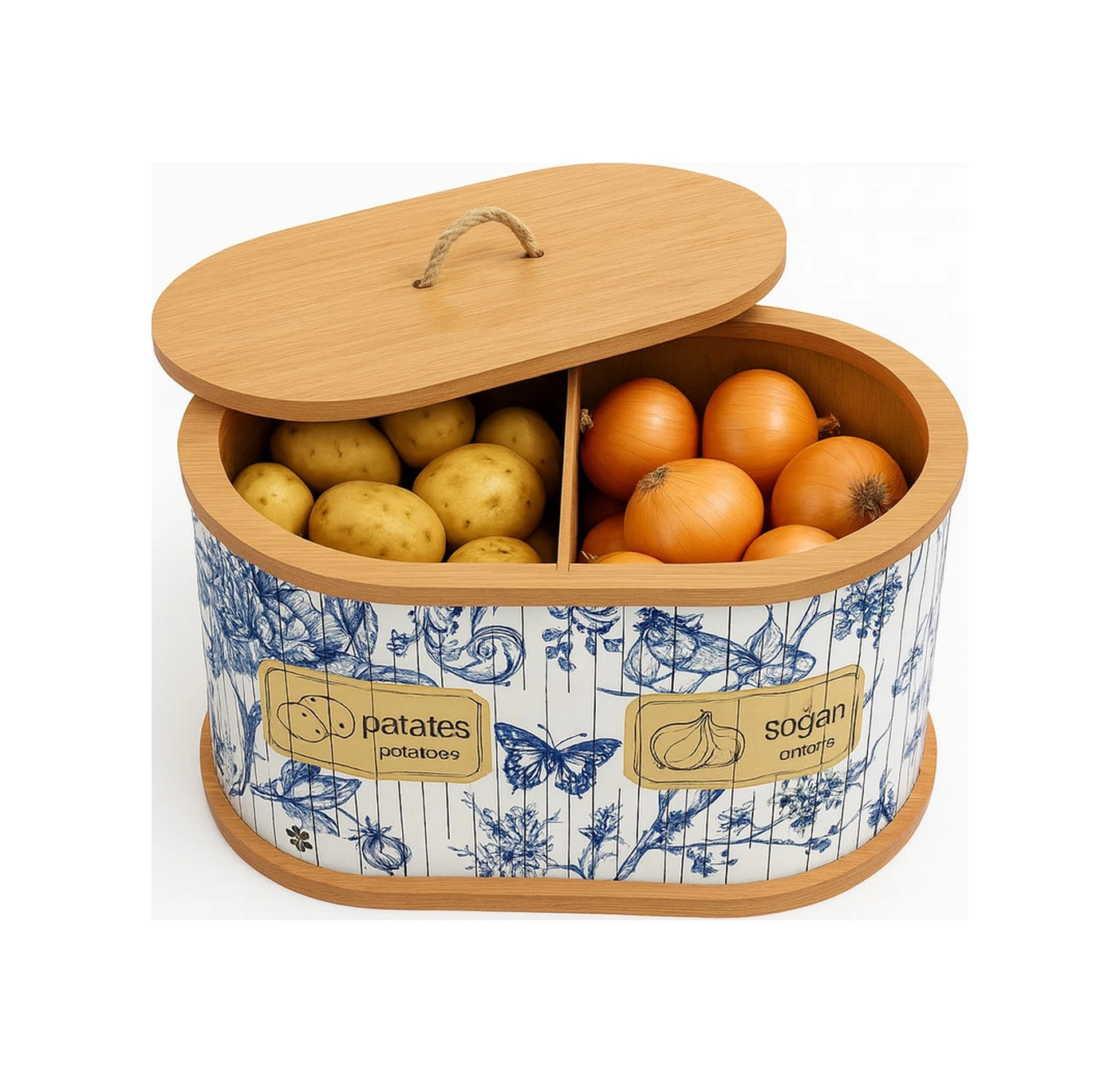 Dekorasyaa 2 Bölmeli Patates Soğanlık - Bambu - Oval Mavi Desen Beyaz - Mavi