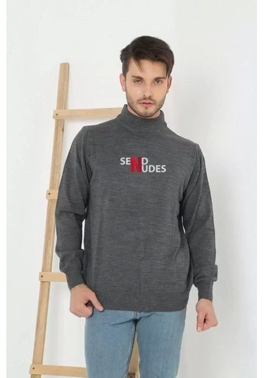 Unisex Yarım Boğazlı Baskılı Dokuma Triko - Füme Füme