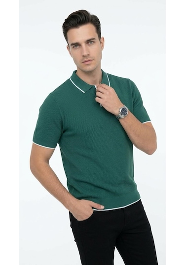 Plus Scorpion Erkek Pike Dokulu Triko Polo Yaka Tişört Slim Fit Şerit Detaylı Yazlık Model Yeşil