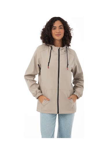 Kadın Astarlı Su Geçirmez Ve Rüzgara Dayanıklı Kapüşonlu İç Cepli Mevsimlik Yağmurluk Taş