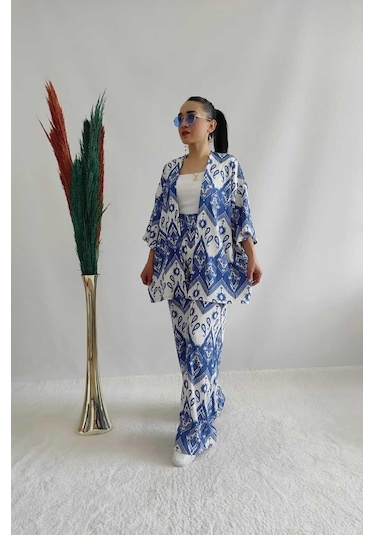 Moda Desenli Ikili Kimono Takım Rahat Kalıp Mavi