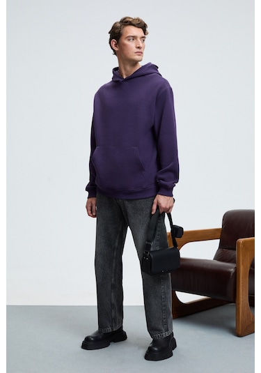 AMOS Erkek Yumuşak Kumaşlı 3 İplik Oversize Kapüşonlu Kanguru Cepli Mor Sweatshirt