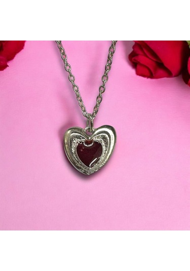 Kalp Mineli Kadın Detaylı Kırmızı Gümüş Kolye 60 Cm Zincir Çok Renkli