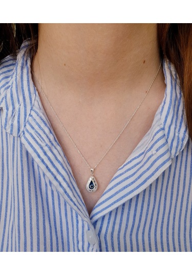 925 Ayar Gümüş Damla Model Nazar Boncuklu Gümüş Kolye