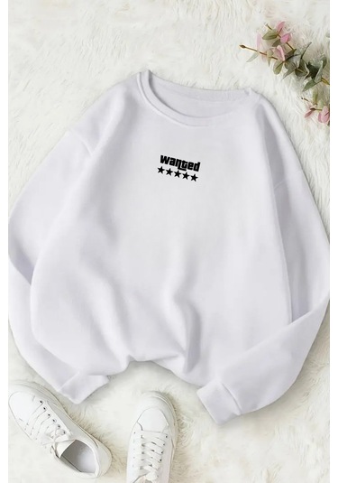 Unisex Beyaz Wanted Baskılı Bisiklet Yaka Sweatshirt- Kışlık Şardonlu Kumaş Beyaz