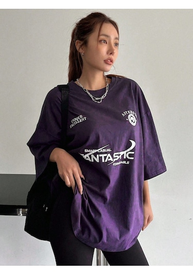 Fantastıc Süprem T-shirt -mor Baskılı Oversize Bisiklet Yaka Tişört Mor