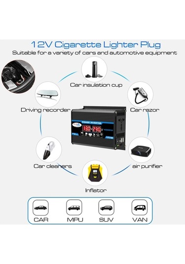 Ulzyvf 4000w Çift Usb'li İnverter, Led Voltaj Göstergeli, 12v-220v, Siyah Kabuk