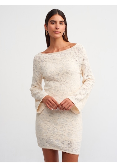Dilvin Kayık Yaka İspanyol Kol Astarlı Triko Elbise Ekru