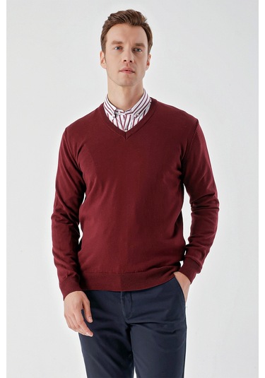Morven Erkek Koyu Bordo Basic V Yaka Dynamic Fit Rahat Kesim Triko Koyu Bordo