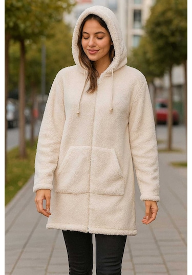 Tenra Kadın Peluş Mont Kapüşonlu Geniş Kalıp Krem Krem