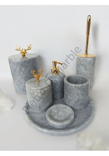 Gri Mermer Klasik Model 7 Parça Gold Renk Geyik Aksesuarlı Banyo Seti Gri