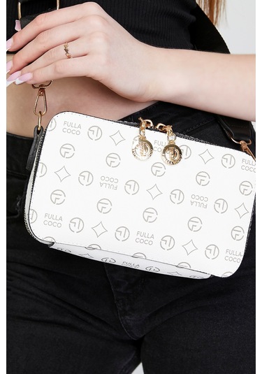 Morpelikan Beyaz Monogram İki Bölmeli Kolon Askılı Omuz Çantası Beyaz