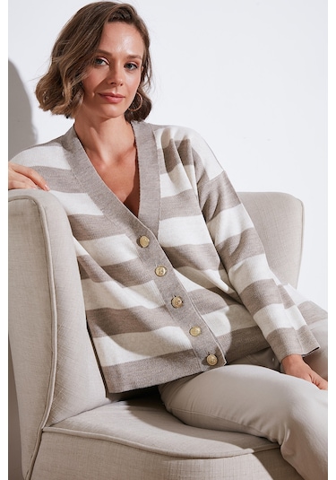 Lela Regular Fit Çizgili V Yaka Düğmeli Soft Akrilik Bayan Hırka 4615188 Vizon-Taş