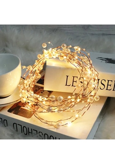 10m 100 Led Pille Çalışan Dekoratif Yapay İnci Dize Işık Sarı