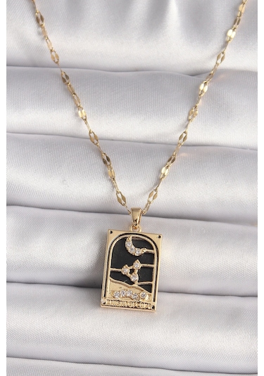 316l Çelik Gold Renk Zirkon Taşlı Ay Figürlü Tarot Model Kadın Kolye Çok Renkli