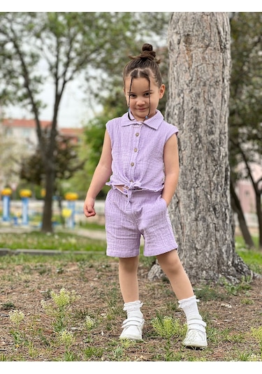 Kız Çocuk Müslin Gömlekli Şortlu Takım Mavi