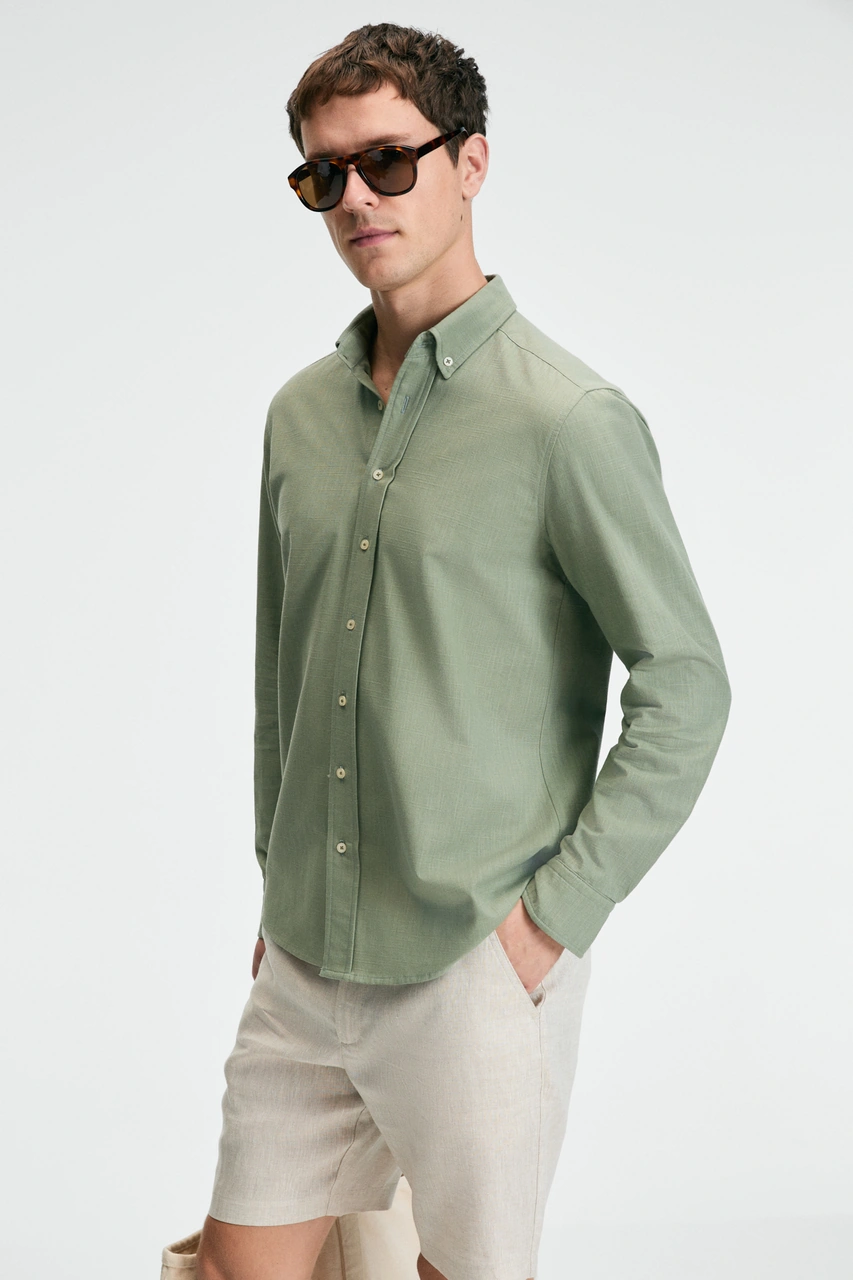 Grımelange Perttu Erkek %100 Pamuk Slim Fit Dar Kesim Düğmeli Yaka Keten Görünümlü Flamlı Haki Gömle Haki