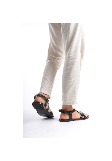 Sur Sandalet El Yapımı Kösele Erkek Bodrum Sandalet Siyah