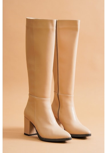 Kleo Nude Deri Topuklu 7cm Yanı Fermuarlı Günlük Kullanım Çizme Ten Rengi