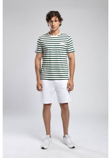 Lee Cooper Eddy Erkek %100 Pamuk O Yaka T-shirt Ekru-zümrüt Çizgili-21600 Ekru