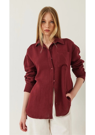 Kadın Oversize Basic Cepli Müslin Gömlek Bordo