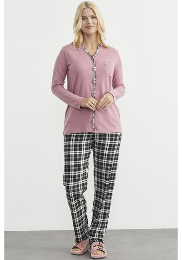 Sementa Ekose Kombinli Düğmeli Pijama Takım - Gül Kurusu Gül Kurusu