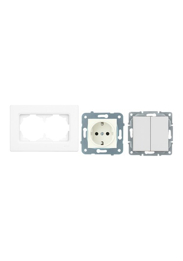 Karen Serisi 2 Li Anahtar & Priz Seti Beyaz Renk Topraklı Priz + Çift Komütatör + 2 Li Çerçeve